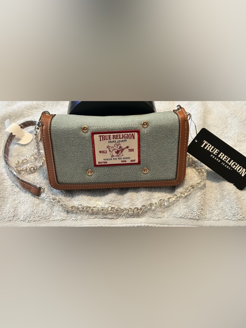 TRUE RELIGION LARGE DENIM CROSSBODY/WRISTLET/WALLET, LEATHER TRIM, NEW W/ TAGS